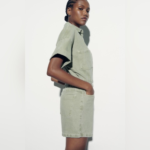 Zara romper jumpsuit denim jeans olive green - Picture 6 of 11